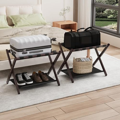 Smuxee Brown Bamboo Luggage Rack Pack of 2, Foldable Suitcase Stand with Storage Shelf, Easily Assembled Luggage Stand with 5 Nylon Straps for Guest Room Bedroom Hotel - color: Brown 2PCS