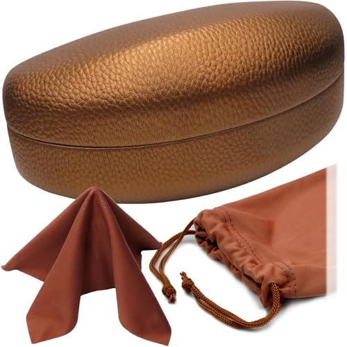 MyEyeglassCase® Large Hard Sunglasses Case | fits Large curved Sunglasses, with microfiber bag and cleaning cloth - color: Camel Bronze
