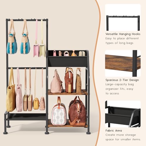 Homsorout Purse Organizer for Closet - Purse Rack Stand with 12 Hooks, 2 Wooden Shelves Purse Storage for Closet, Large Capacity Backpack Storage, Handbag Organizer for Home, Living Room, Black - color: Black