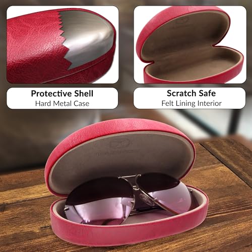MyEyeglassCase Hard Sunglasses case - Women Glasses Case Holder - Large Durable Eyeglass Case Hard Shell with Pouch & Cloth - color: Burgundy Distressed