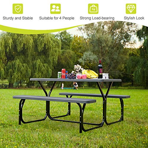 GYMAX Picnic Table, Picnic Bench Easy to Assemble w/All Weather Wood Grain Tabletop & Metal Frame, Picnic Tables for Outdoors Camping Backyard Deck Patio Poolside Dining Party - color: Black