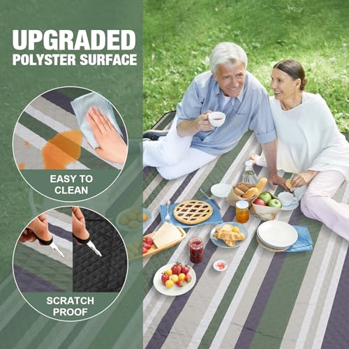 Picnic Blankets Outdoor Extra Large - 80"x80" Portable Waterproof Picnic Blanket, Machine Washable 3-Layer Foldable Picnic Mat with Sandproof Backing for Grass, Park, Hiking, Concerts (GreenStrip) - color: Green