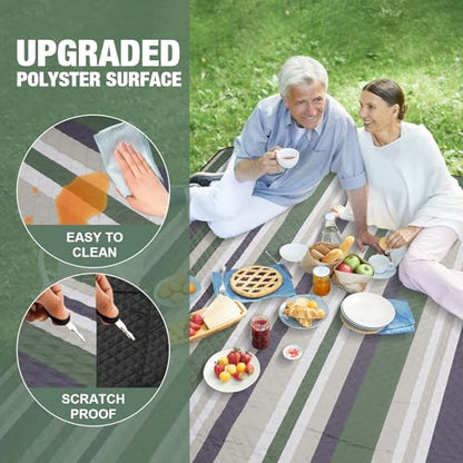 Picnic Blankets Outdoor Extra Large - 80"x80" Portable Waterproof Picnic Blanket, Machine Washable 3-Layer Foldable Picnic Mat with Sandproof Backing for Grass, Park, Hiking, Concerts (GreenStrip) - color: Green