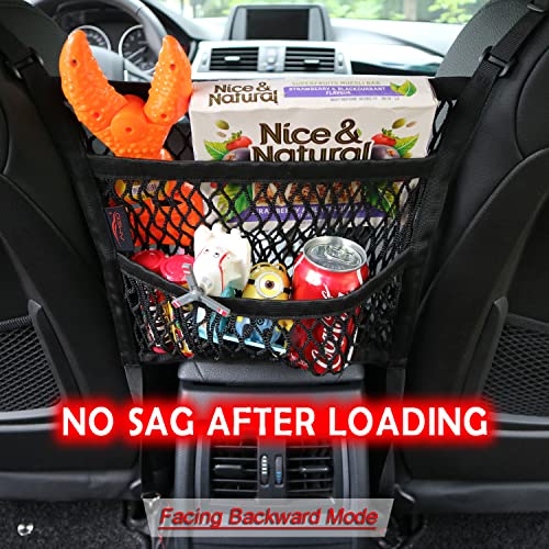 Car Organizer Between Front Seats, Purse Holder, Dog Barrier, Mesh Net Bag | AMEIQ Car Accessories, 3 Layers Net 2 Pockets Storage Bag, Purse Handbag Holder, Backseat Kid Pet Barrier, Black, Patented