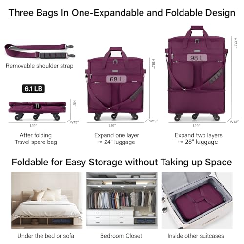 Hanke Expandable Large Suitcase 4 Wheels Lightweight Collapsible,Foldable Suitcases &Travel Bags Hand Luggage Extend 20/24/28 inch Suitcases Duffel Bag Without Telescopic Handle for Men & Women - color: Purple Upgrade Version 2