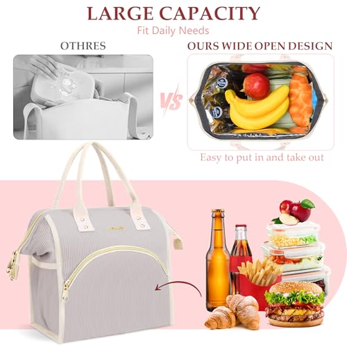 LOKASS Lunch Bag Women Insulated Lunch Box Wide-Open Lunch Tote Bag Large Cooler Bag for Work Picnic Hiking Beach（Light Gray） - color: Cream Gray