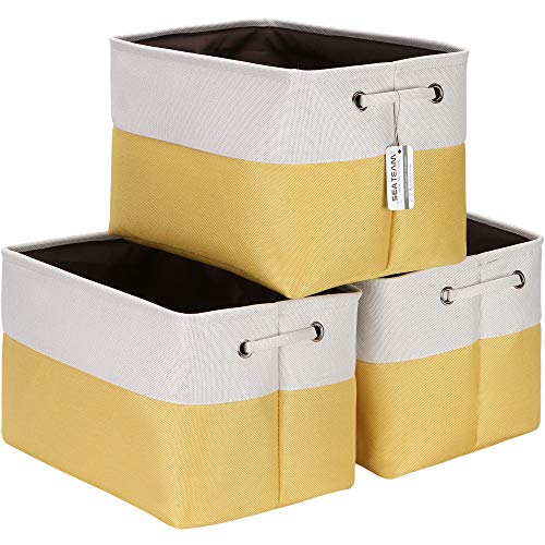 Sea Team 3-Pack Large Storage Basket Set, Trunk Organizer, Clothes Toys Bin, 15 x 10 x 10 Inches, Big Rectangular Canvas Fabric Collapsible Shelf Box with Handles for Kids Room (Yellow/White) - color: Yellow/White, size: Medium/15 x 10 x 10"