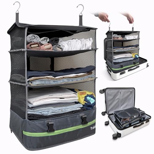 Stow-N-Go Portable Hanging Travel Shelves, Packing Organizer for Luggage. Carry on Closet for Clothes. Expandable Packing Cube. Travel Essentials. Dak Gray - XL - color: Dark Gray, size: XL = (L) 17.7" x (W) 11.8"