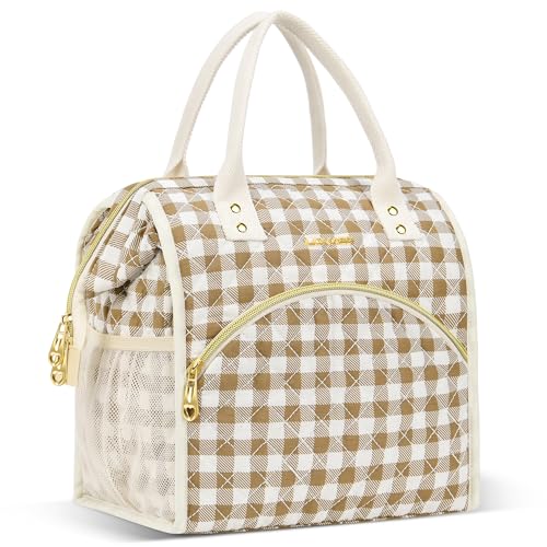 LOKASS Insulated Lunch Bag Women- Reusable 10 L Lunch Box for Women - Leakproof Tote Cooler Bag for Adults Work, Beach, Travel, Picnic （Brown&White Diamond Grid） - color: Brown Check