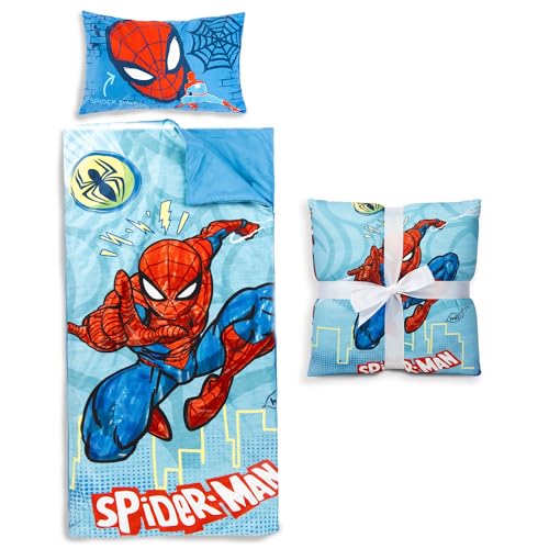 Jay Franco Kids Slumber Bag and Pillow - 54 x 27 Inch Comfy Indoor Sleeping Bag for School and Sleepovers, 2 Piece Set, Blue - Spiderman - color: Blue - Spiderman