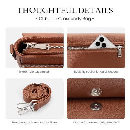befen Genuine Leather Crossbody Bags for Women Medium Purse with Built in RFID Wallet Womens Soft Cross Body Purse - color: Brown