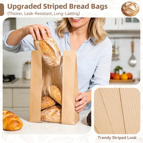 Funcoo 100 Pcs Paper Bread Bags for Homemade Sourdough Bread Bakery Storage Bags with Window, Large Thicker Bakery Loaf Bags for Baked Goods Packaging, Label Seal Sticker Included