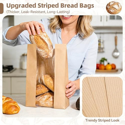 Funcoo 100 Pcs Paper Bread Bags for Homemade Sourdough Bread Bakery Storage Bags with Window, Large Thicker Bakery Loaf Bags for Baked Goods Packaging, Label Seal Sticker Included