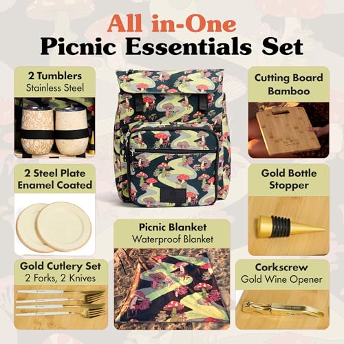 Lax & Daisy Travel Picnic Backpack for 2 Persons - 14 Piece Set Cooler Bags Insulated for Beach, Camping, Hiking & Parks with Blanket, Tumblers, Plates, Gold Cutlery & Cutting Board (Mushroom Print) - color: Moody Mushies (Mushroom Print)
