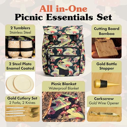 Lax & Daisy Travel Picnic Backpack for 2 Persons - 14 Piece Set Cooler Bags Insulated for Beach, Camping, Hiking & Parks with Blanket, Tumblers, Plates, Gold Cutlery & Cutting Board (Mushroom Print) - color: Moody Mushies (Mushroom Print)