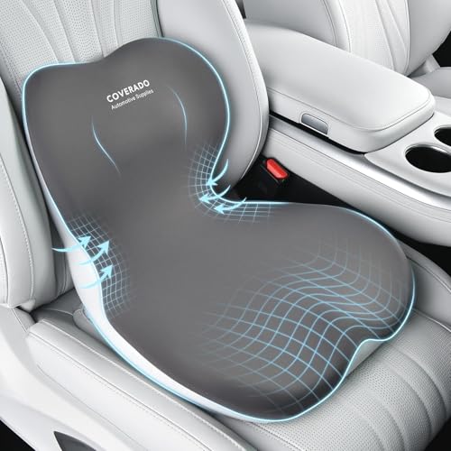 Coverado [Upgraded] Car Seat Cushion and Lumbar Support Pillow One Piece, Memory Foam Ergonomic Back Support Driving Seat Cushion for Back Pain, Non-Slip Washable Cushion for Car, Driver, Office - color: Gray, size: 1 Piece