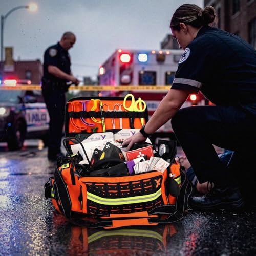 Lightning X Mid-Sized First Responder EMT Bag | LXMB25 | Fully Stocked w/ 240+ First Aid, EMS & Trauma Supplies - Orange - color: Orange