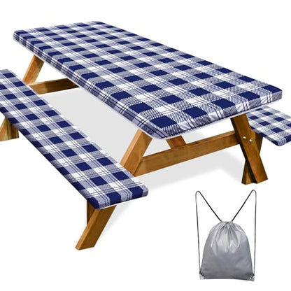 Picnic Table Cover with Bench Covers Camping Essentials Waterproof Windproof Camping Tablecloth with Drawstring Bag, Fitted Rectangle Tables and Seats, 72in, Blue Checkered - color: Blue Checkered, size: 72in