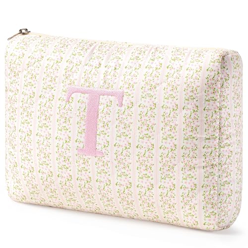 HBselect Initial Quilted Makeup Bag, Pink Cosmetic Travel Toiletry Bag, Flowers Coquette Zipper Make Up Pouch Organizer Teen Girl Gift Trendy Stuff T - color: 1Pc Medium Pinkflower, style: T