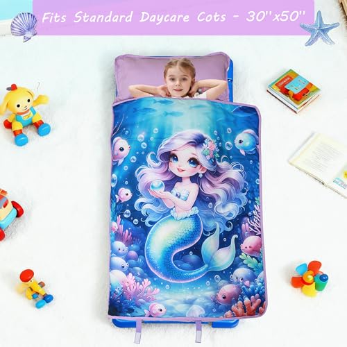 Lasoftan Toddler Nap Mat with Pillow and Blanket, Extra Large Rolled Napping Mats,Slumber Bags for Boys Girls,Kids Sleeping Bag for Daycare, Preschool Travel Camping - color: Blue Mermaid