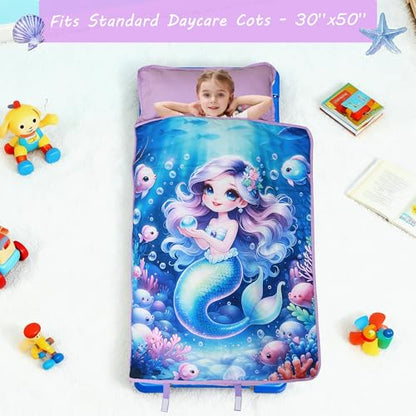 Lasoftan Toddler Nap Mat with Pillow and Blanket, Extra Large Rolled Napping Mats,Slumber Bags for Boys Girls,Kids Sleeping Bag for Daycare, Preschool Travel Camping - color: Blue Mermaid