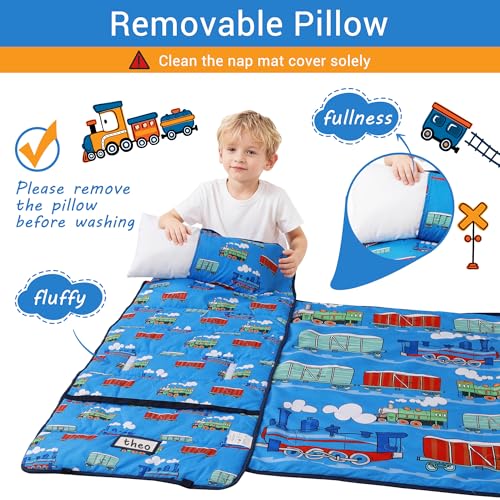 Lasoftan Toddler Nap Mat with Pillow and Blanket, Extra Large Rolled Napping Mats,Slumber Bags for Boys Girls,Kids Sleeping Bag for Daycare, Preschool Travel Camping - color: Blue Train