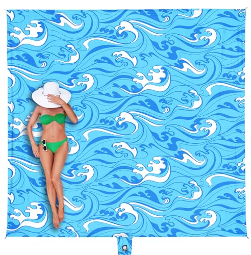 WEKAPO Beach Blanket Waterproof Sandproof Oversized Extra Large Sand Free Beach Mat with Stakes, Storage Bag - Essentials for Outdoor Beach, Picnic (Blue Ocean Waves, 11 X 9 FT (1~10 Person)) - color: Blue Ocean Waves, size: 11 X 9 FT (1~10 Person)