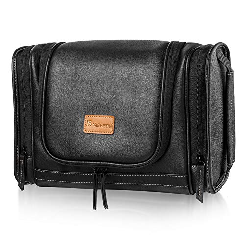 MIRASON Travel Toiletry Bag, Hanging Toiletry Bag for Men, Leather Travel Shower Bag for Toiletries Dopp Kit Bathroom Bag with Metal Hook Gift for Men (Black) - color: Black