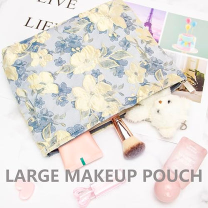 PAZIMIIK Makeup Bag Large Cotton Zipper Pouch for Purse Travel Canvas Make Up Organizer for Women Cosmetic,Brocade Blue - color: Brocade Blue Flower