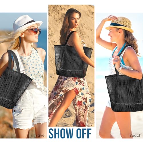 HOHOM Beach Bags for Women, Summer Travel Mesh Tote Bag with Large Inner Pocket, Sandproof Woven Shoulder Handbag - color: Coal Black