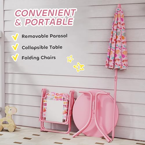 Qaba Kids Picnic Table and Chair Set, Outdoor Activity Table with Foldable Chairs, Removable Umbrella, Butterfly Pattern Toddler Patio Furniture for Backyard, Garden, Pink