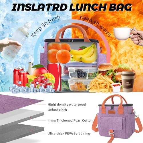 Joymee Lunch Bag Women Large Insulated Reusable Leakproof - Purple | Large Spacious, Cooler Lunch Bag, Adjustable Shoulder Strap, With Side Pocket, Bottle Holder, for Office Work Picnic Travel - color: Purple