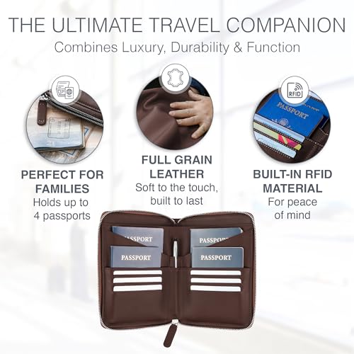 Full Grain Leather Family Passport Holder for 4 Passports - RFID Passport Holder and Travel Document Organizer - Large Leather Travel Wallet for Families - Brown - color: Dark Brown