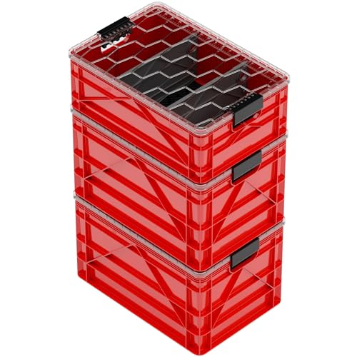 SIDIO CRATE Pro Pack - Two Full Size and One Half Size SidioCrate, Stackable Outdoor Organizer Storage Bins with Clear Lid and Dividers - color: Red
