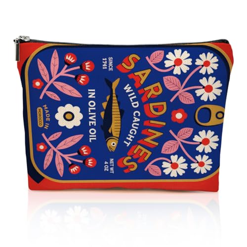 Vintage Sardine Makeup Bag for Women, Fish Canvas Cosmetic Makeup Pouches with Zipper Travel Makeup Cosmetic Bags, Sardine Olive Oil Toiletry Organizer Pouch Birthday Gifts - color: Multicolor 0010