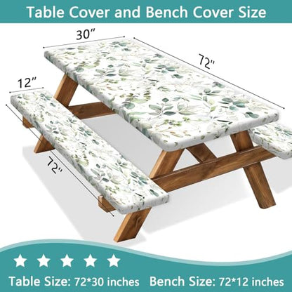 Picnic Table Cover with Bench Covers and Bag, Camping Essentials, Eucalyptus Leaves Outdoor Table Covers, Waterproof Windproof, Fitted Tablecloth Cover with Elastic Edge, 3 PCS, 30x72 Inch - color: Eucalyptus Leaves, size: 30" x 72"