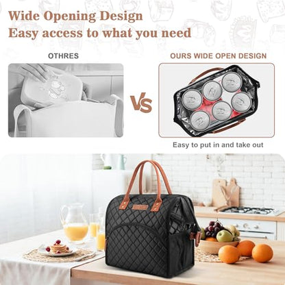 LOKASS Lunch Bag Insulated Lunch Box Wide-Open Lunch Tote Bag with Removable Shoulder Strap for Women/Men Adults Work Picnic Hiking Beach Fishing(Black) - color: Suqare Black-Starps