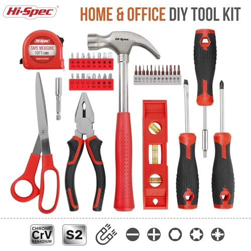 Hi-Spec Tool Set Kit, Red Household First Tool Kit and Starter Tool Set for Home and Office, Compact Easy Carry Toolbox - color: Red