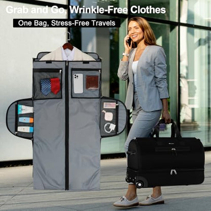 Modoker Convertible Rolling Garment Bag for Travel, Suit Travel Bag with Trolley, Garment Duffel Bag with Wheels & Shoes Compartment for Business Trip, Weekender - Black - color: 25in-Rich black