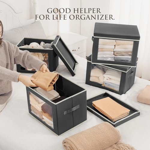 Homsorout Stackable Storage Bins with Lids - Large Storage Box with Lids, Foldable Closet Boxes for Organizing, Wardrobe Clothes Organizer with Window, Cubes Bins for Living Room, 6 Pack, Dark Grey - color: Dark Grey, size: XL(6-Pack)
