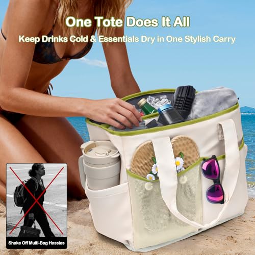 Odoland Soft Cooler Bag - Leakproof & Insulated, 2-in-1 Collapsible Design, Dry/Wet Separation, Large Soft Sided Cooler with Multi-Pocket Design for Beach, Picnic, Camping, Day Trip, Family Size - color: White Green
