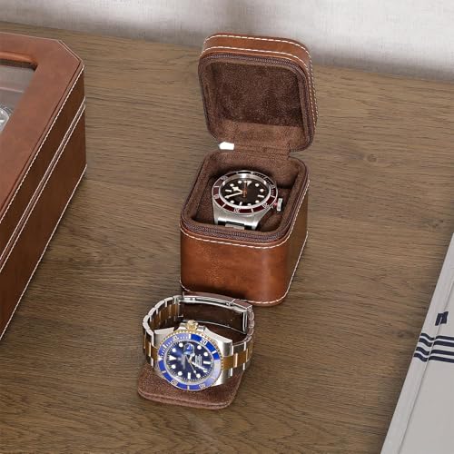 ROTHWELL Single Watch Travel Case | Compact PU Leather Protective Box with Microsuede Interior | Fits Watches & Smartwatches Up to 55mm (Tan/Brown) - color: Tan/Brown