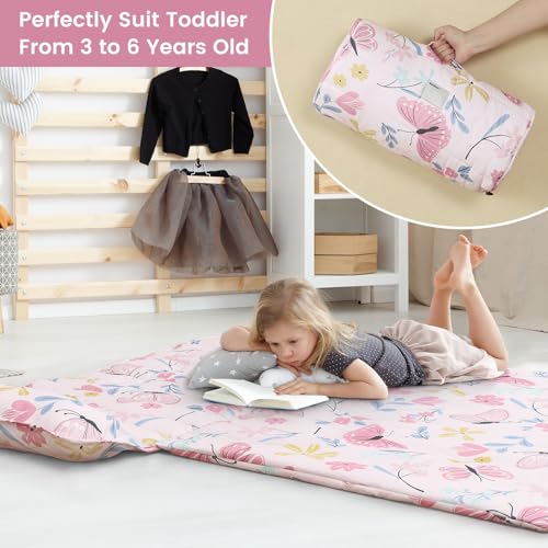 PHF Soft Toddler Nap Mat with Removable Pillow, Rollup Design Kids Sleeping Mat, Slumber Bags for Girls, 55"x23" Toddler Sleeping Bag for Daycare Preschool Travel Camping, Butterfly - color: Butterfly