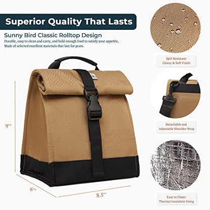 SUNNY BIRD Insulated Lunch Bag Rolltop Lunch Box Tote Bag for Women, Men, Adults and Teens (Brown) - color: Brown