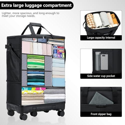 Large Capacity Rolling Duffle Bag with Detachable Wheels,Expandable Foldable Suitcase for Travel,Collapsible Luggage Duffel Overnight Weekend Bags without Telescoping Handle - color: Black
