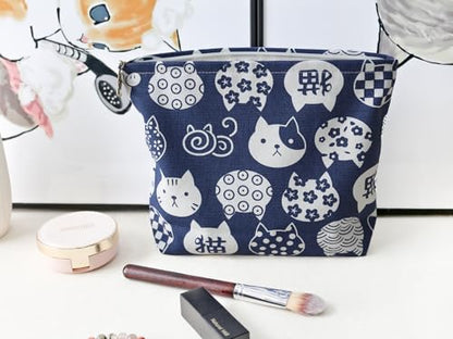 HAPPYHEIDI Canvas Makeup Bag, Cosmetic Travel Pouch, Kawaii Blue Cats, Cotton Blend, Animal Print, Zipper Closure, 7.1x2.4x7 Inches - color: GR-Canvas-Blue Cats