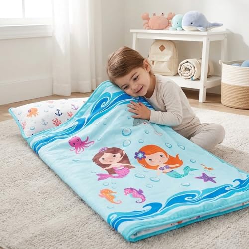EVERYDAY KIDS Toddler Nap Mat with Removable Pillow -Underwater Mermaids- Carry Handle with Fastening Straps Closure, Rollup Design, Soft Microfiber for Preschool, Daycare Sleeping Bag, Ages 2-6 years - color: Underwater Mermaids