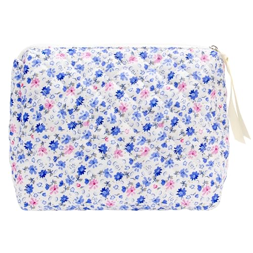 PAZIMIIK Quilted Makeup Bag Large Travel Zipper Soft Cosmetic Pouch for Women Girls Make Up,Floral Blue - color: Floral Blue, size: 1 PCS Pouch
