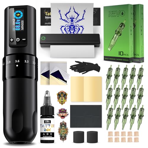INKin Tattoo Kit for Beginners Complete Set with Tattoo Stencil Printer, Tattoo Gun with 7 Stroke 2.2-4.2mm and 1600mAh Power for Long Time Work of 8 Hours, Full Kit with Tattoo Needles and Tattoo Ink - size: Small Grip