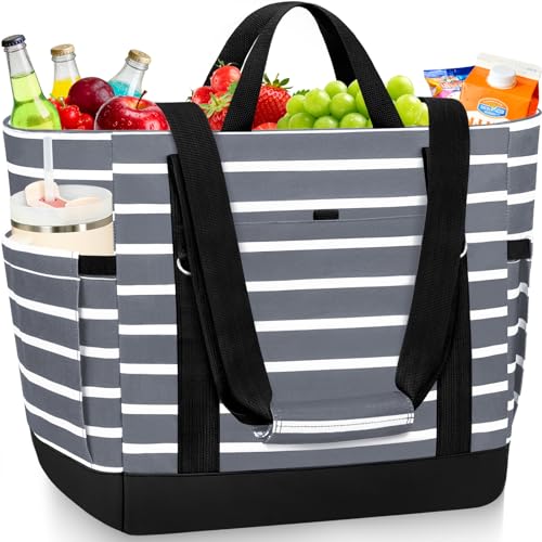 Cooler Bag Insulated, Soft Side Cooler, Reusable Grocery Bags with Zipper Closure, Thermal Leakproof Large Insulated Tote Bag for Hot/Cold Food for Grocery, Beach, Travel, Picnic - color: Gray and White